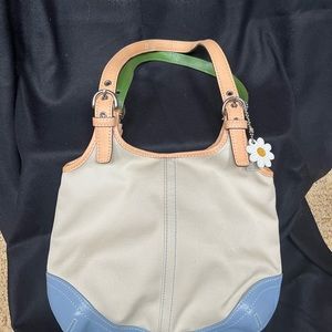 Coach L3J-4430 Daisy Cream and Blue Twill and Leather Hobo  Bag